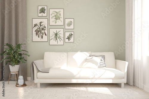 Green stylish minimalist room with sofa. Scandinavian interior design. 3D illustration