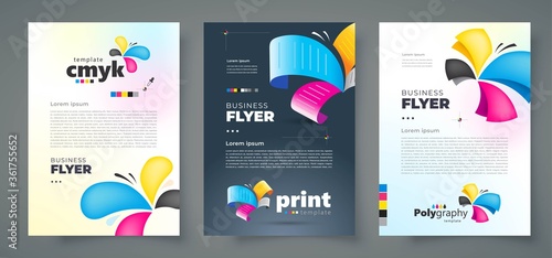 Flyer set cmyk polygraphy theme, colored butterfly design template cover
