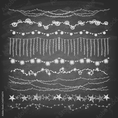Set of hand drawn String Holiday or Christmas Lights on chalkboard background. Style Garland Lights. Vector illustration.