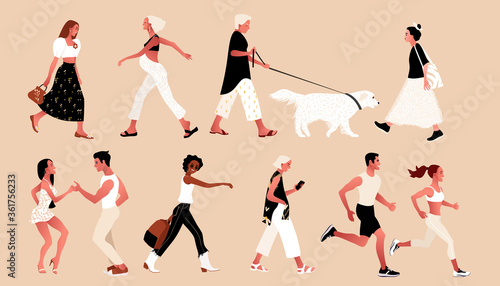 Crowd of tiny people wearing stylish clothes. Fashionable men and women, summer outdoor activities. Group of male and female cartoon characters walking dog, dancing, running. Flat vector illustration.