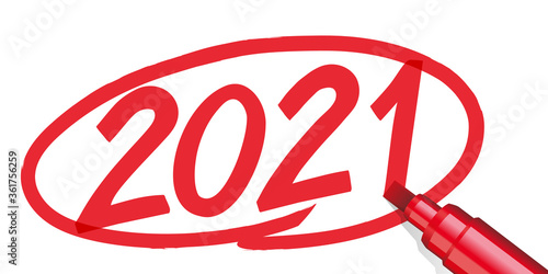 L’année 2021 écrite à la main et entourée d’un cercle rouge sur un fond de papier blanc, avec un feutre ou un marqueur.