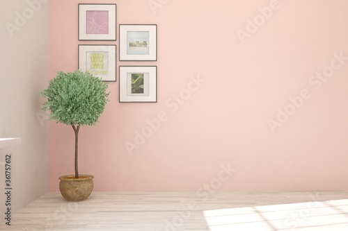 Fototapeta Naklejka Na Ścianę i Meble -  Pink minimalist empty room. Scandinavian interior design. 3D illustration