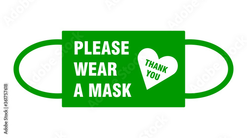 Please Wear a Mask Thank You Warning Sign in a Face Mask Shape with a Heart Symbol. Vector Image.