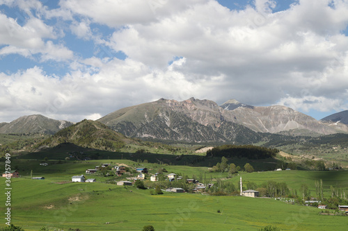 Mountain green hill valley village view. Mountain village landscape. Savsat Artvin Turkey