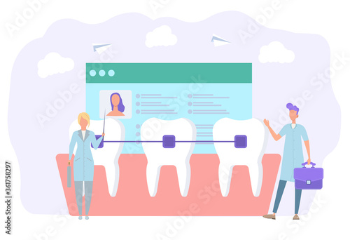 Doctors orthodontists set d ental braces. Cosmetic dentistry, orthodontic services. Colorful vector illustration.