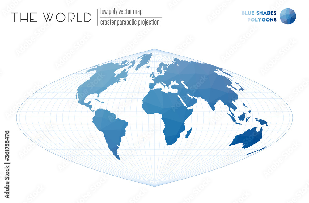 Vector map of the world. Craster parabolic projection of the world. Blue Shades colored polygons. Elegant vector illustration. Vector map of the world. Craster parabolic projection of the world. Blue Shades colored polygons. Elegant vector illustration.