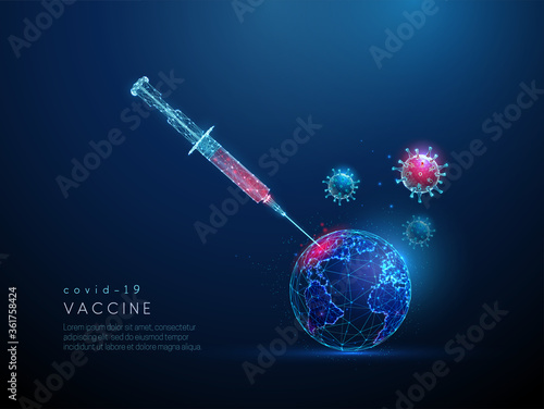 Low poly vaccine against coronavirus covid-19 and planet Earth