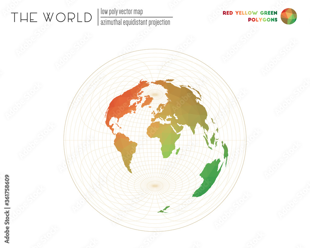 Vector map of the world. Azimuthal equidistant projection of the world. Red, yellow, green colored polygons. Creative vector illustration. Vector map of the world. Azimuthal equidistant projection of the world. Red, yellow, green colored polygons. Creative vector illustration.