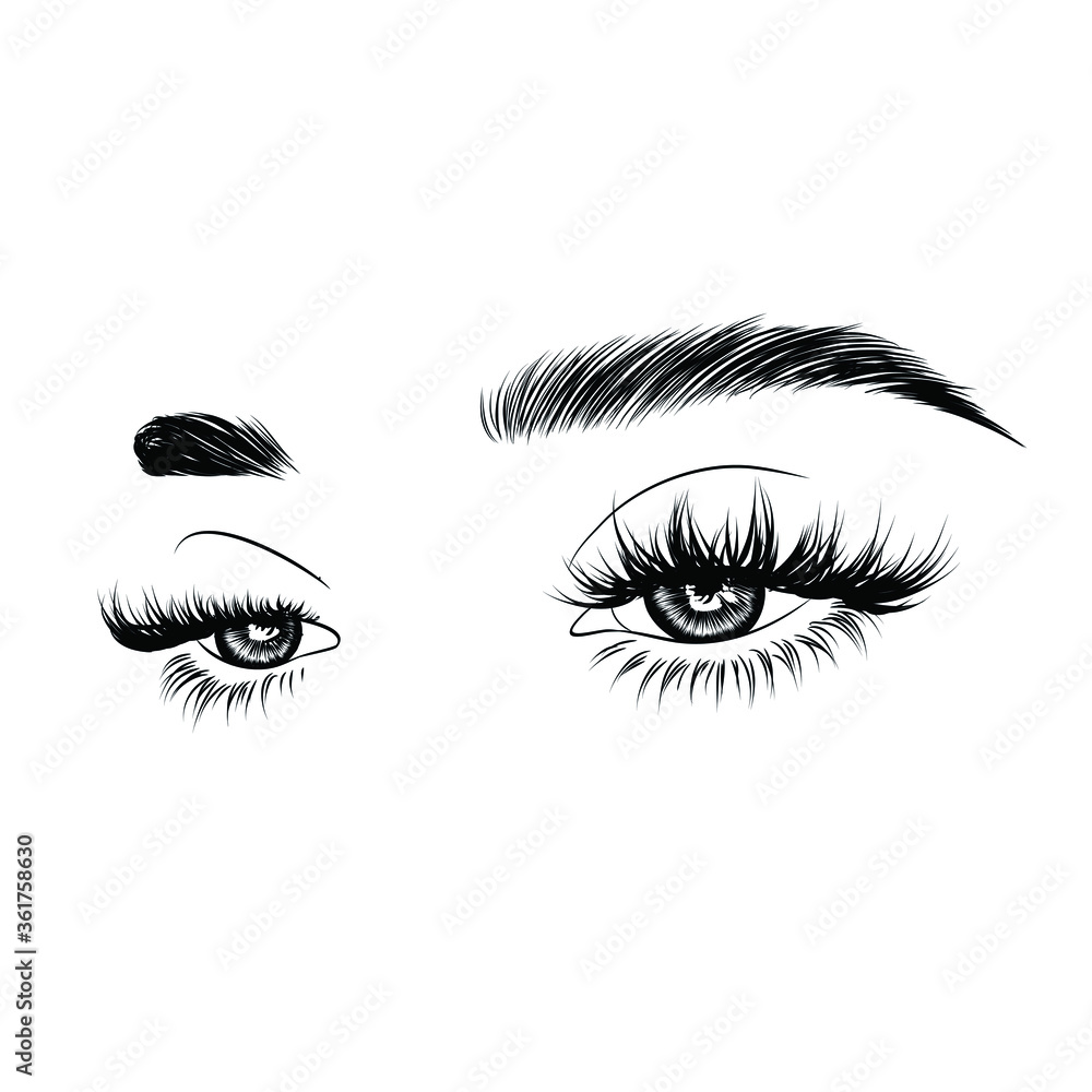 Sleek fashion illustration of the eye with luxe makeup and natural eyebrow. Hand drawn vector idea for business visit cards, templates, web, salon banners,brochures. Microblading visit card