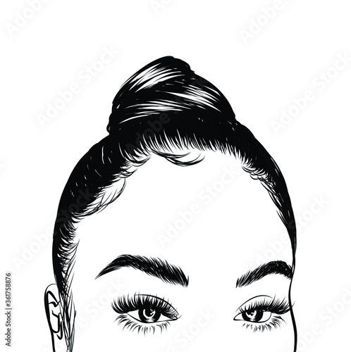 Woman with stylish messy  bun with perfect eyebrow shaped and full. Illustration of business hairstyle with natural long hair. Hand-drawn idea for greeting card, poster, flyers, web, print for t-shir