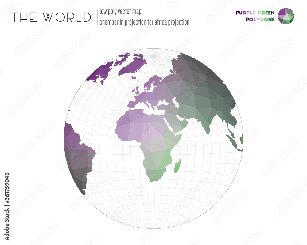 Abstract geometric world map. Chamberlin projection for Africa projection of the world. Purple and green colored polygons. Amazing vector illustration. Abstract geometric world map. Chamberlin projection for Africa projection of the world. Purple and green colored polygons. Amazing vector illustration.