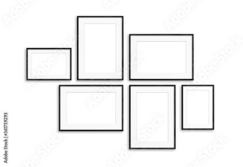 Six black wooden photo frames set isolated on white background, interior decor mock up
