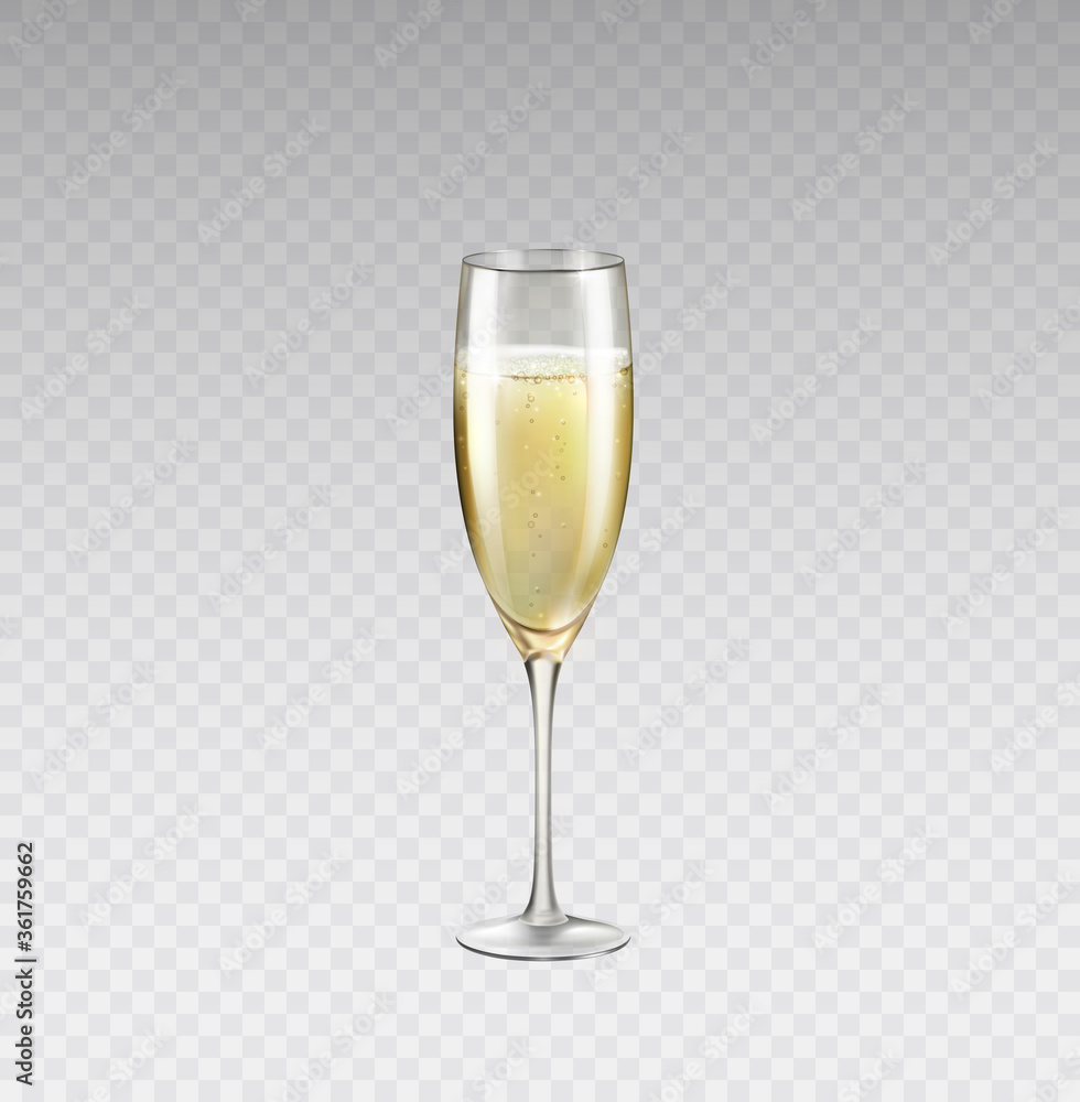 Champagne or golden wine glass isolated on transparent background. Vector greating Happy New Year alcohol toasting wineglass. 3d festive wedding event element with drink