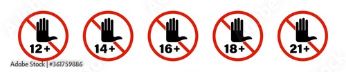 Age restriction flat icons. Stop gesture and number with age restriction for viewing or using content. Isolated vector objects.