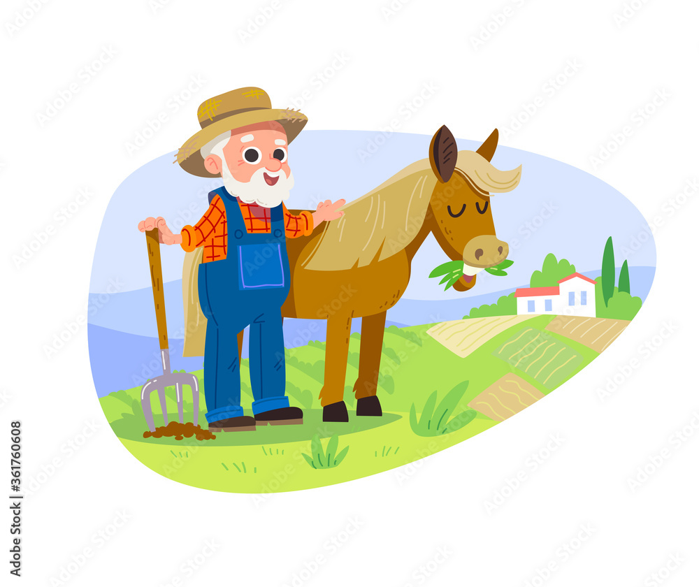 Fototapeta premium Farmer with horse. Countryside background. Old MacDonald . Old farmer stay stay beside horse.