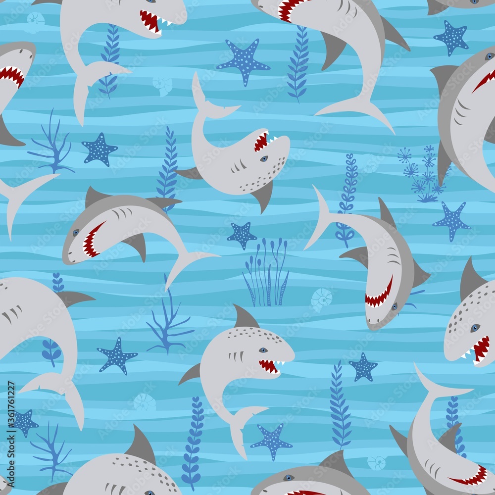 Vector shark sea animal wild with seaweed on sea. Print for summer clothes funny girls or boys. . Vector shark sea animal wild with seaweed on sea. Print for summer clothes funny girls or boys. .