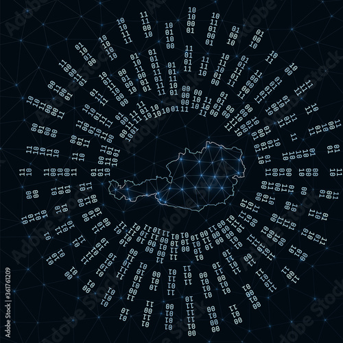 Austria digital map. Binary rays radiating around glowing country. Internet connections and data exchange design. Vector illustration.