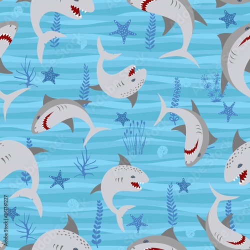 Vector shark sea animal wild with seaweed on sea. Print for summer clothes funny girls or boys. .