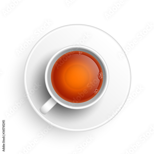 Realistic 3d cup of hot aromatic freshly brewed drink black tea. A teacup top view isolated on white background. Vector illustration for web, design, menu, app