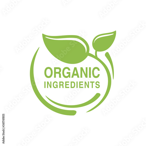 Organic Ingredients stamp - spiral emblem with plant leaf focusing on eco healthy origin