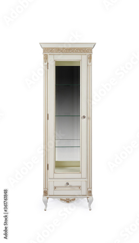 Cabinet showcase in classic style made of solid wood on a white background