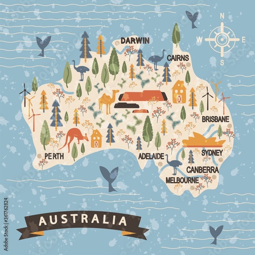 Australia travel map with the cities of Canberra, Melbourne, etc. Cartoon landmarks and wild animal symbol. Sydney Opera House, the Great Barrier Reef, Outback are vast deserts. Vector illustration.