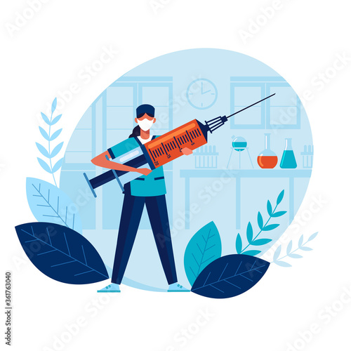 Vaccine doctor with large syringe. Health concept