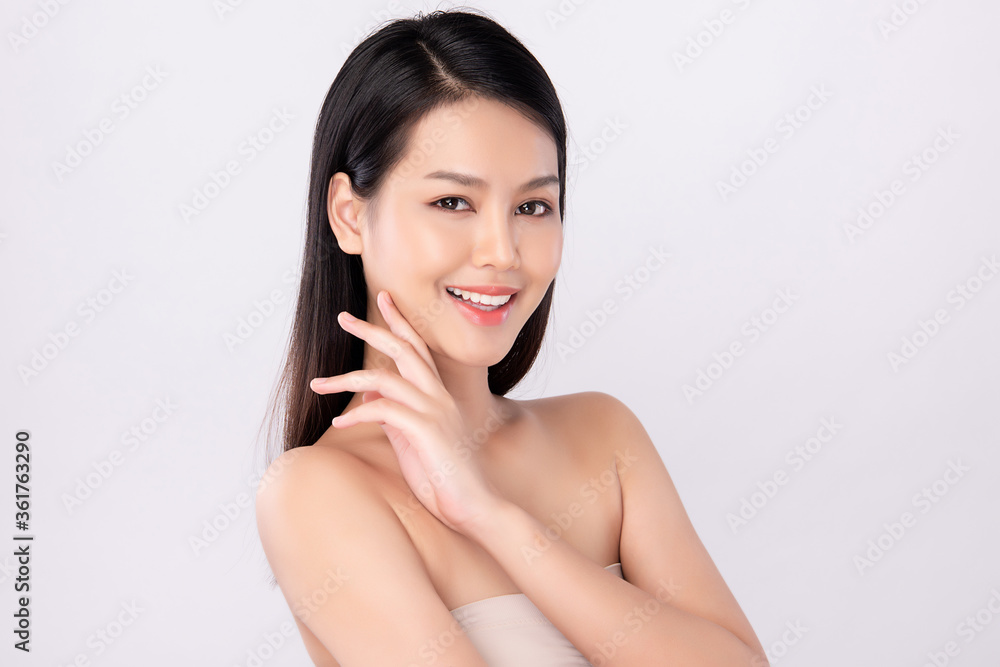 Beautiful Young asian Woman touching her clean face with fresh Healthy Skin, isolated on white background, Beauty Cosmetics and Facial treatment Concept Beautiful Young asian Woman touching her clean face with fresh Healthy Skin, isolated on white background, Beauty Cosmetics and Facial treatment Concept