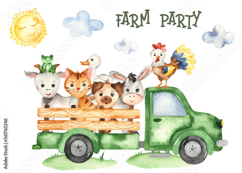 Watercolor card with farm animals donkey  goose  chicken  frog  rooster in a farm truck