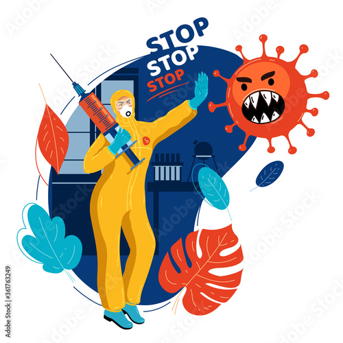 Vaccine doctor in protective suit stops virus