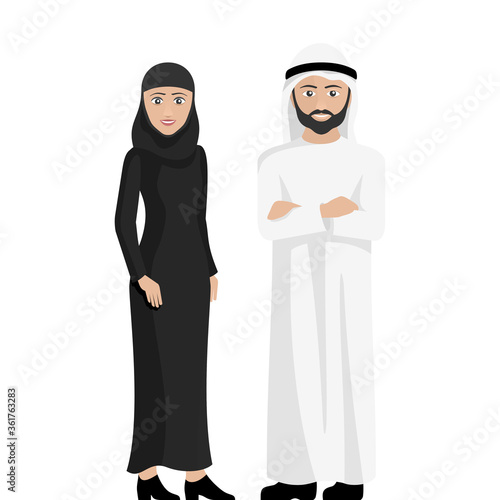 Couple of arabic people (man and woman) in traditional islamic clothes - hijab and thawb