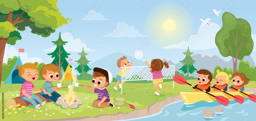 Summer camp landscape with kids. Children roast marshmallows on bonfire, campfire. Children play volleyball outside. Kids in canoe. Summer activity. School children kayaking. Summer camp landscape with kids. Children roast marshmallows on bonfire, campfire. Children play volleyball outside. Kids in canoe. Summer activity. School children kayaking.