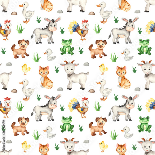 Watercolor seamless pattern with farm animals  donkey  goat  rooster  goose on a white background.