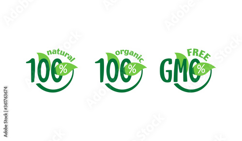 100 natural, 100 organic, GMO free - mark for healthy food, vegetarian nutrition - vector sticker set