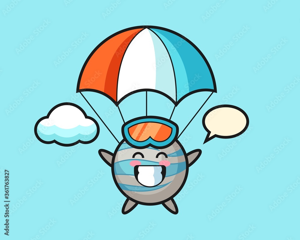 Planet cartoon is skydiving with happy gesture