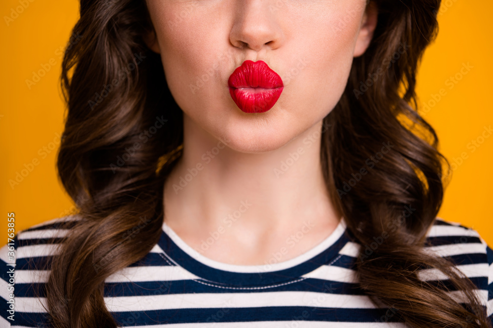 Closeup cropped photo of pretty wavy lady sending air kisses boyfriend handsome guy red bright allure lips wear white casual striped t-shirt isolated yellow color background Closeup cropped photo of pretty wavy lady sending air kisses boyfriend handsome guy red bright allure lips wear white casual striped t-shirt isolated yellow color background