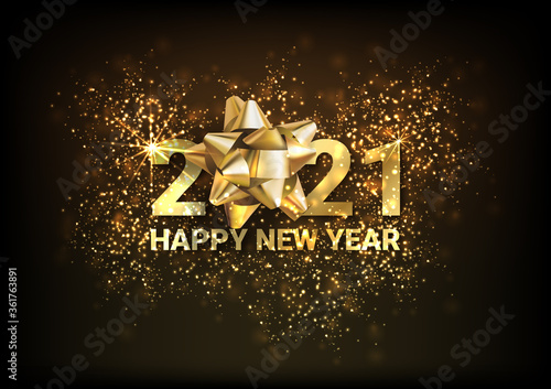 Greeting card Happy New Year 2021. Beautiful Square holiday web banner or billboard with text Happy New Year 2021 on the background of fireworks. - Vector