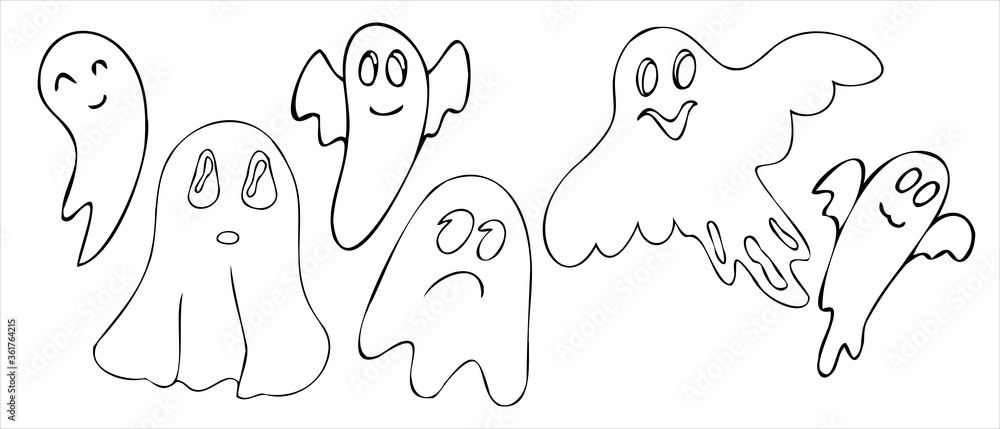 set of cute and scary ghosts, vector decorative element for halloween celebration in doodle style, black outline set of cute and scary ghosts, vector decorative element for halloween celebration in doodle style, black outline