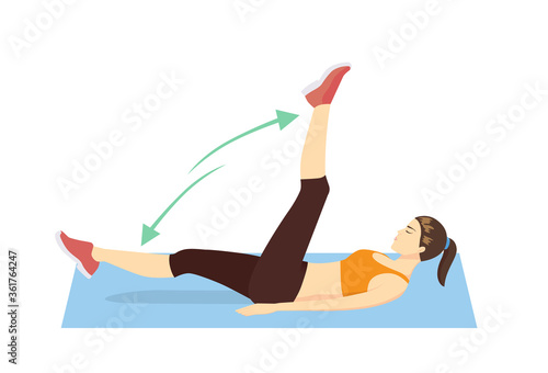 Women doing Flutter Kicks Exercise on blue mat. Illustration about abdominal exercise at home for abdominal workout.
