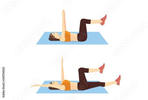 Women doing Dead bug workout on blue mat in 2 step. Exercise pose for runner which target on spine, obliques, abdominal muscles.