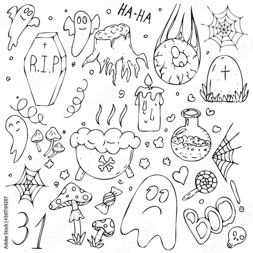 set of doodles for Halloween, vector decorative element for celebrating Halloween in doodle style, black outline