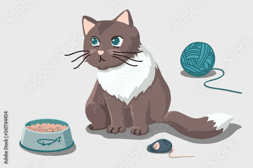 Fluffy cat looks away. A pet sits near a bowl of food, toys and a ball of thread. Vector illustration isolated on background.