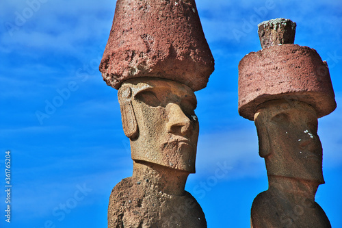 Rapa Nui. The statue Moai in Ahu Nau Nau on Easter Island, Chile