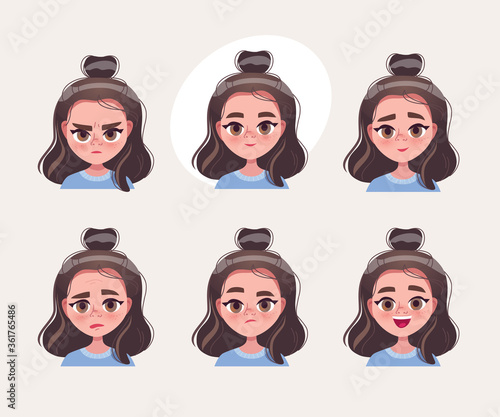 Different face expressions. Collection of woman emotions. Cute teenage girl with big eyes.