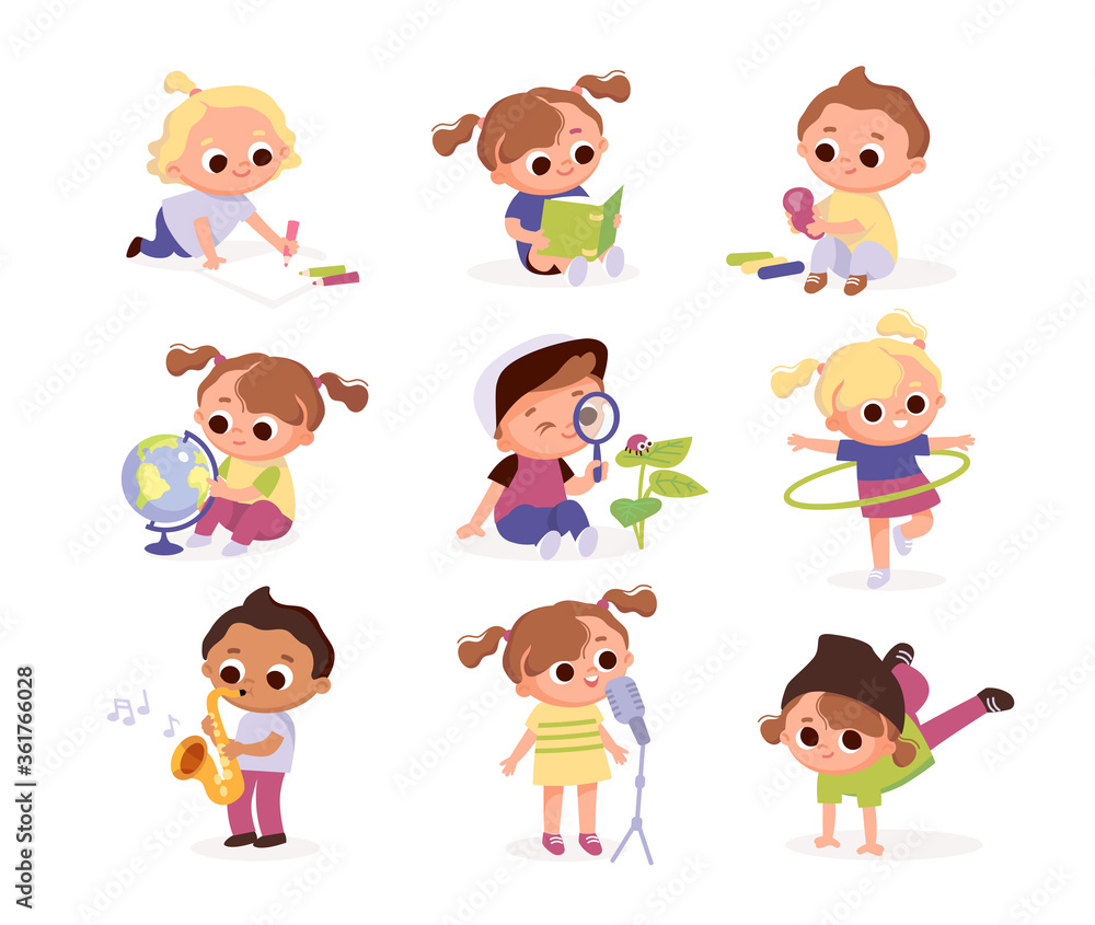 Children's activities. Set of kids in various poses. Children draw, play, sing, dance, play music, read. Children's activities. Set of kids in various poses. Children draw, play, sing, dance, play music, read.