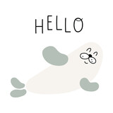 Funny seal animal says hello. Hand drawn vector illustration on white background.