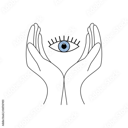 two hands take care of the eye icon protecting vector illustration