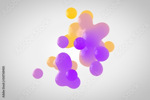 Fototapeta Naklejka Na Ścianę i Meble -  Purple-yellow plastic metaball in 3d. Small drops are separated from the liquid sphere and connected together on a white background. Liquid molecule decaying in 3d rendering.
