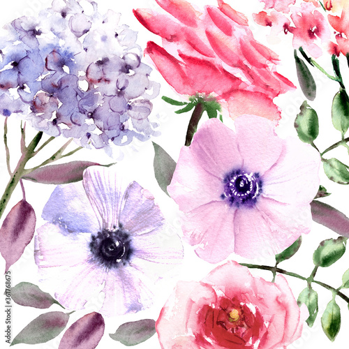 Hand drawn watercolor flowers background.