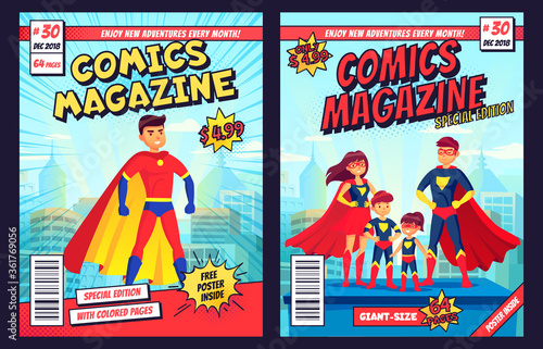 Comic book cover with super hero man and family characters. Retro magazine editable front page template with title and subtitle for customization. Cartoon super people flat vector illustration